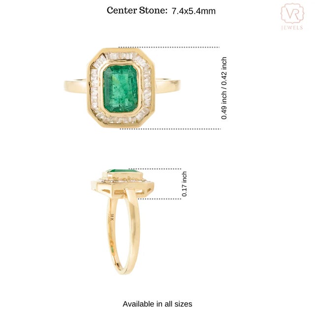 Gold Octagon Cut Emerald & Baguette Halo Set Diamond Statement Ring Size 5.5 For Sale - Image 8 of 12