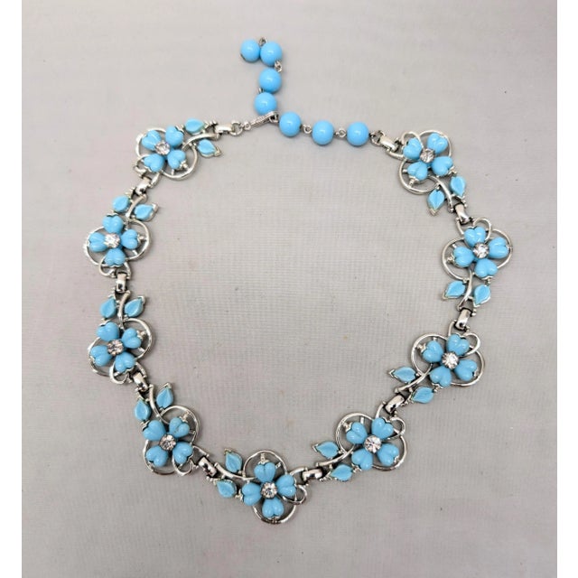 Kramer Vintage Signed Kramer Blue Flowers & Clear Rhinestone Necklace, Vogue 1955 For Sale - Image 4 of 11