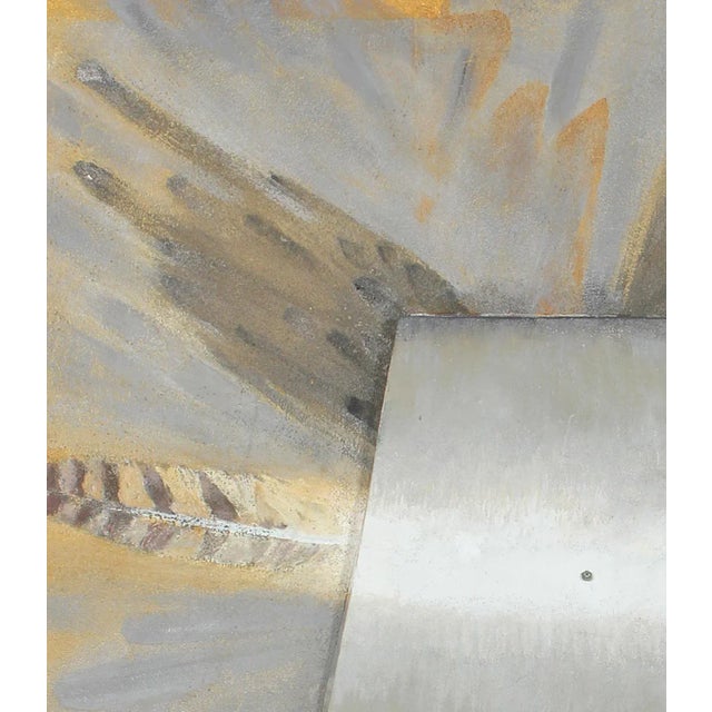 This 2002 cement, metallic paint, wood, decorative hardware on wood panel sculptural painting in orange, grey, brown, and...