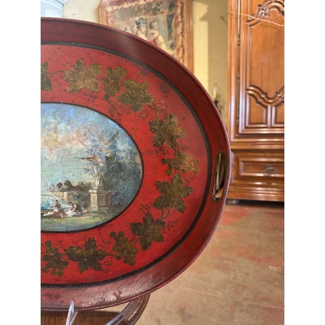 19th Century French Hand-Painted Oval Tole Tray With Romantic Landscape For Sale In Dallas - Image 6 of 7