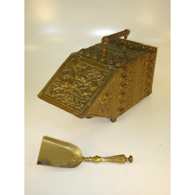 Victorian Coal Box, Hod, Scuttle Antique Brass Scottish Victorian Embossed Man in the wood For Sale - Image 3 of 18