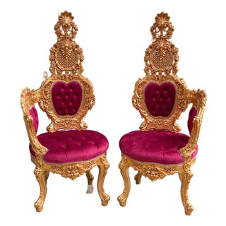 1970s Italian Artisan Baroque Gold Red Velvet Chairs-Pair For Sale