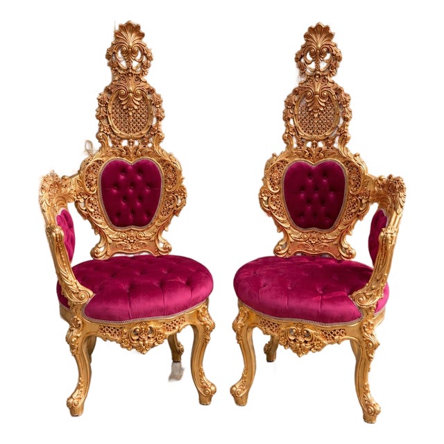 1970s Italian Artisan Baroque Gold Red Velvet Chairs-Pair For Sale