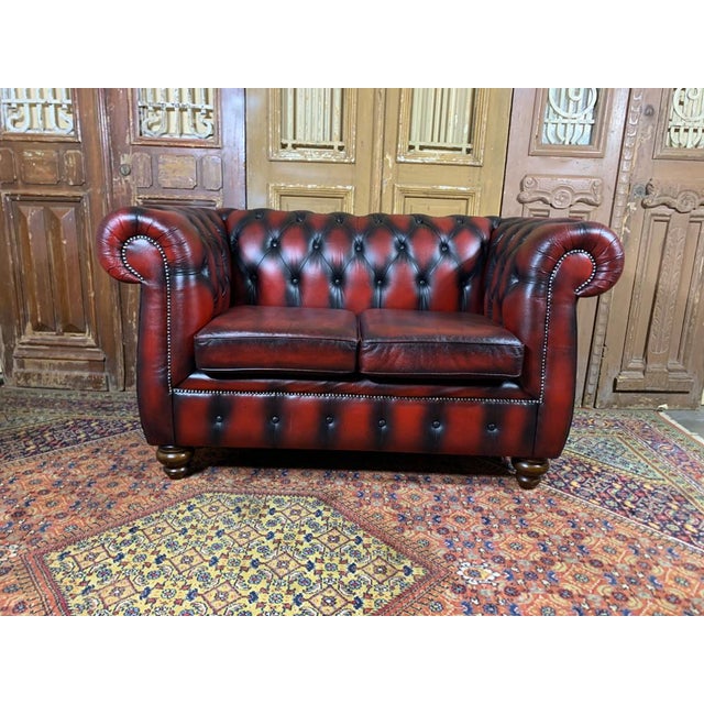 Vintage MidCentury English Leather Chesterfield 2 Seat Sofa, Oxblood