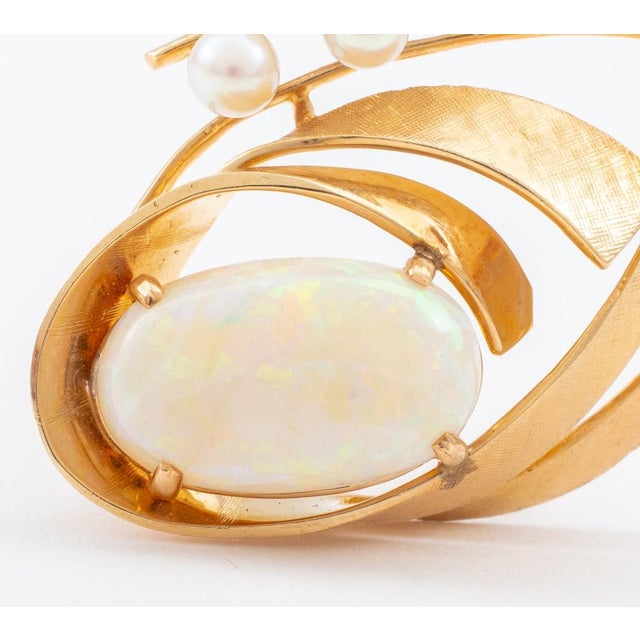 Mid 20th Century 14k Yellow Gold Opal & Pearls Brooch For Sale - Image 5 of 6