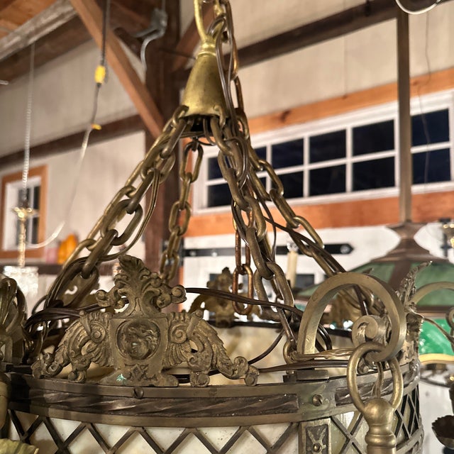 1920s Vintage Large Brass and Leaded Panel Hanging Seven Light Urn For Sale - Image 5 of 6