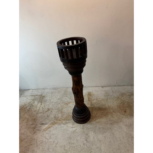 Antique Rustic Wooden Plant Stand With Wheel Axle Base For Sale In Los Angeles - Image 6 of 8