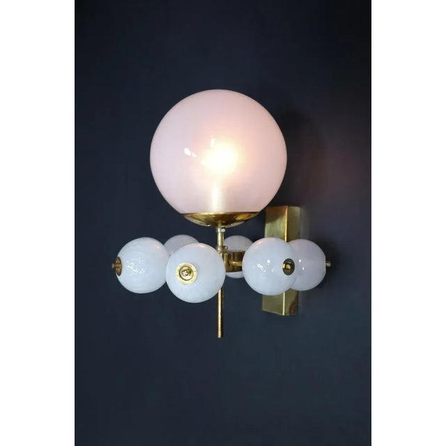 Mid-Century Brass Wall Light with Hand-Blown White Glass Globes, 1970s For Sale - Image 11 of 13