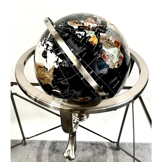 Modern Handcrafted Semi-Precious Stone Globe on Decorative Metal Stand With Compass For Sale - Image 3 of 18
