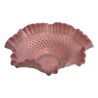 Mid 20th Century Bowl Pink Glow Hobnail Ruffled Fenton Cased Glass 4" Tall 10" Vantage For Sale