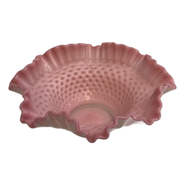 Mid 20th Century Bowl Pink Glow Hobnail Ruffled Fenton Cased Glass 4" Tall 10" Vantage For Sale