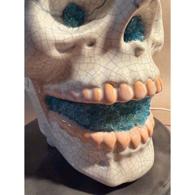 Pop Art Vintage Hand Painted Skull Light Up Lamp Halloween Decor For Sale - Image 3 of 11