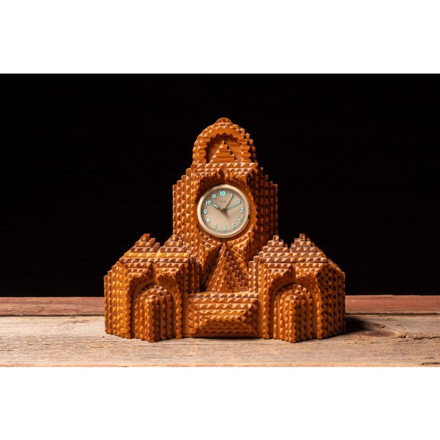 Folk Art Vintage Black Forest Tramp Art Uranium Mantel Clock For Sale - Image 3 of 14
