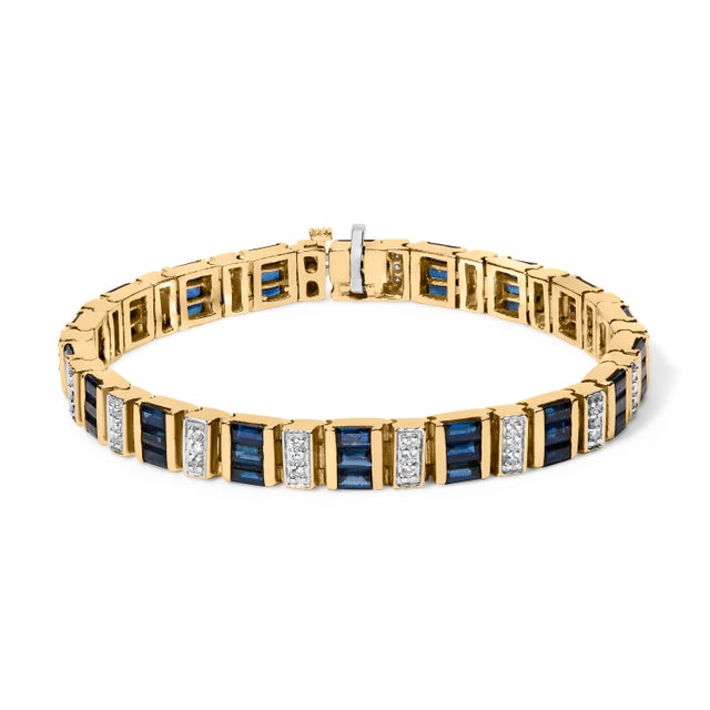 14ct Yellow Gold 2/5 Cttw Diamond & 8.0 Cttw Baguette Cut Blue Sapphire Alternating Link Bracelet (G For Sale