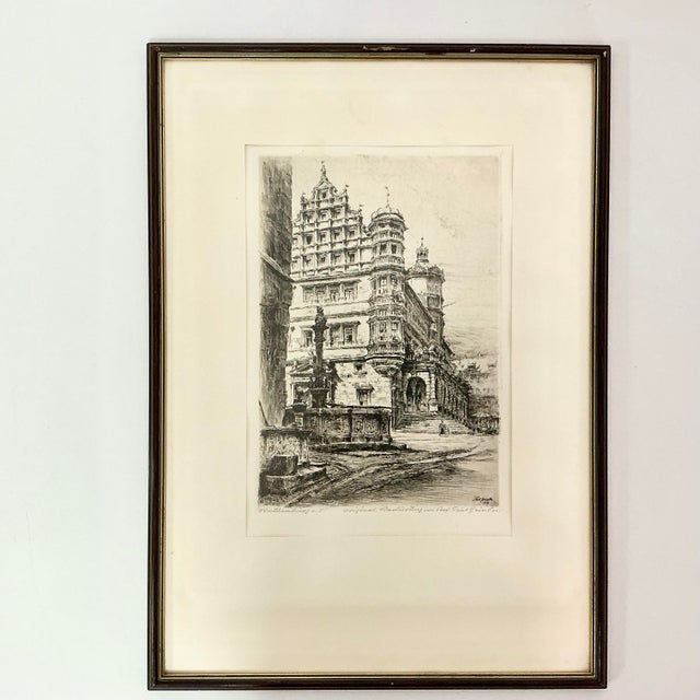 Rustic European 1919 Antique German Architectural Original Print Etching Artist Signed Proof, Rothenburg. For Sale - Image 3 of 15