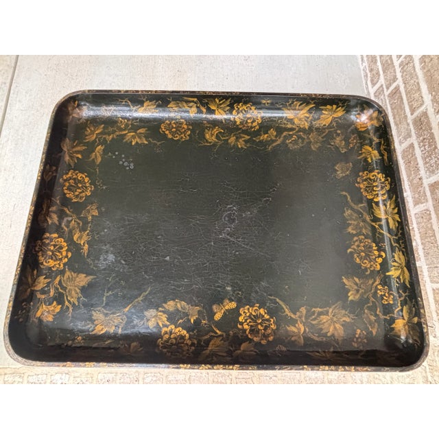 Black 19th Century English Paper Mache Tray Table on Faux Bamboo Stand / Chinoiserie Style Coffee Table in Black and Gold For Sale - Image 8 of 18