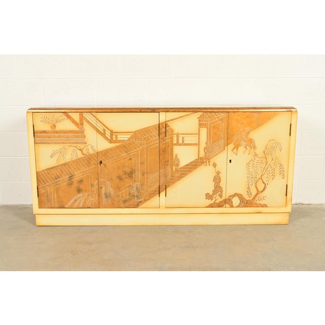 Baker Furniture Style Hollywood Regency Chinoiserie Hand-Painted Cream Lacquered Sideboard Credenza, Circa 1970s For Sale - Image 11 of 11