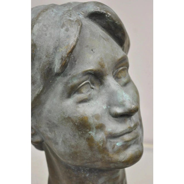 Vintage Patinated Cast Bronze Bust Statue Sculpture of Woman With Pinned Hair For Sale In Philadelphia - Image 6 of 12