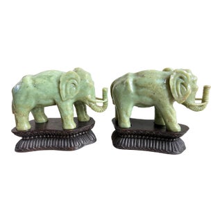 Antique Chinese Heavy Jadeite Jade Elephant Pair W/ Custom Stands 1920 For Sale