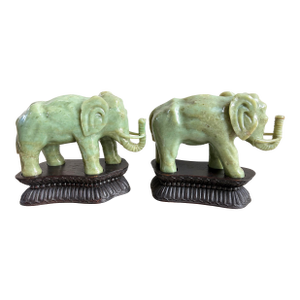 Antique Chinese Heavy Jadeite Jade Elephant Pair W/ Custom Stands 1920