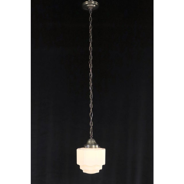 Restored Art Deco Stepped Milk Glass Hanging Pendant Light For Sale In New York - Image 6 of 8