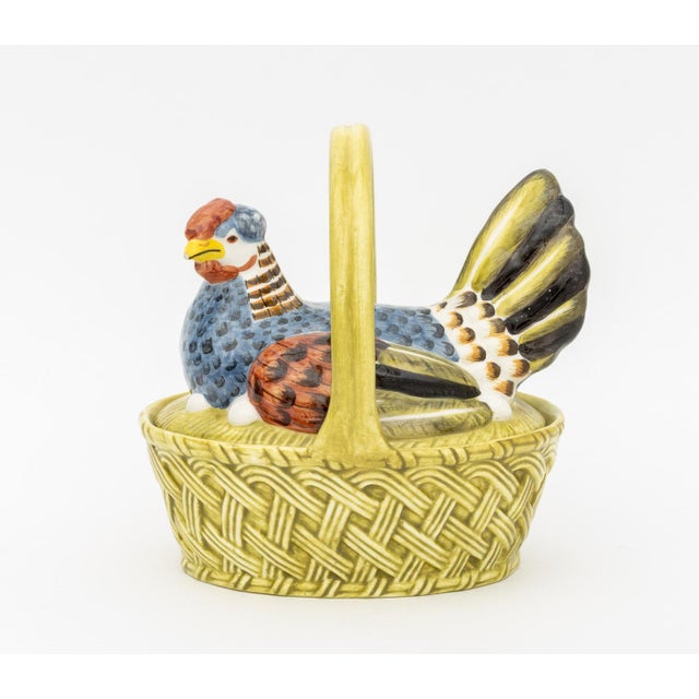 Este for Tiffany &amp; Co. Ceramic Hen Form Covered Basket, with hen form lid and woven green basket with fixed handle,...