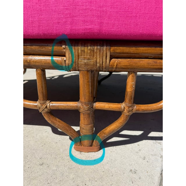Vintage Rattan Chinoiserie Loveseat, New Pink Linen Upholstery For Sale - Image 14 of 14