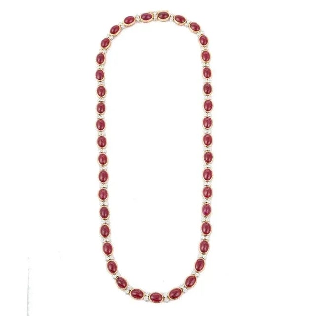 Metal Certified 17 Carat Ruby and Diamond 18k Yellow Gold Tennis Necklace For Sale - Image 7 of 12
