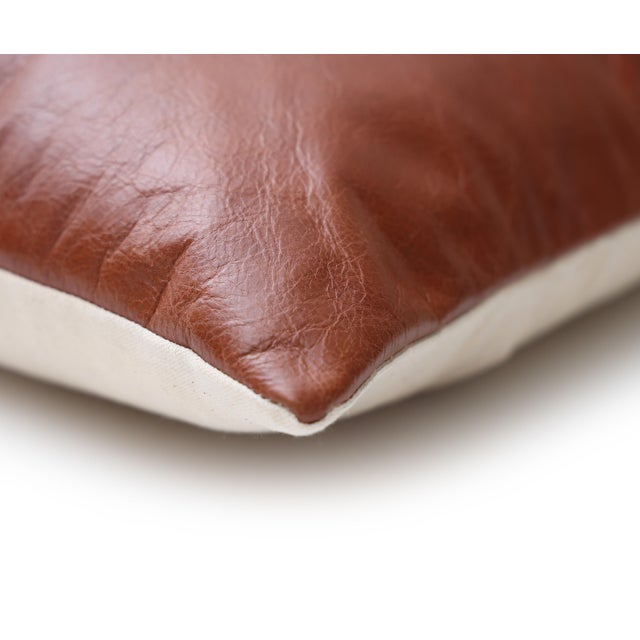 Luxury Cognac Genuine Leather Throw Pillow 18x18 | Handmade Full-Grain Leather Cushion For Sale In San Francisco - Image 6 of 9