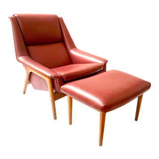 1960s Dux Leather and Teak Lounge Chair and Ottoman by Folke Ohlsson For Sale