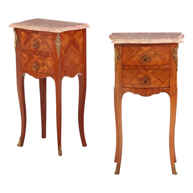 Pair of French Louis XV Style Bronze-Mounted Marble-Top Nightstands, C. 1950 For Sale