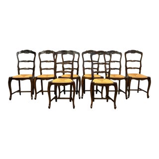 Vintage or Antique French Country Ladder Back Rush Seat Dining Chairs - Set of 8 For Sale