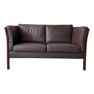 Modern Danish Brown Leather Beechwood Sculptural Two-Seater Sofa from Stouby, 1980s For Sale