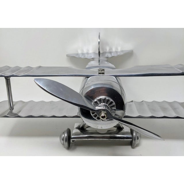 Silver Art Deco Inspired Model Aluminum Airplane With Articulated Landing Wheels & Propeller For Sale - Image 8 of 12