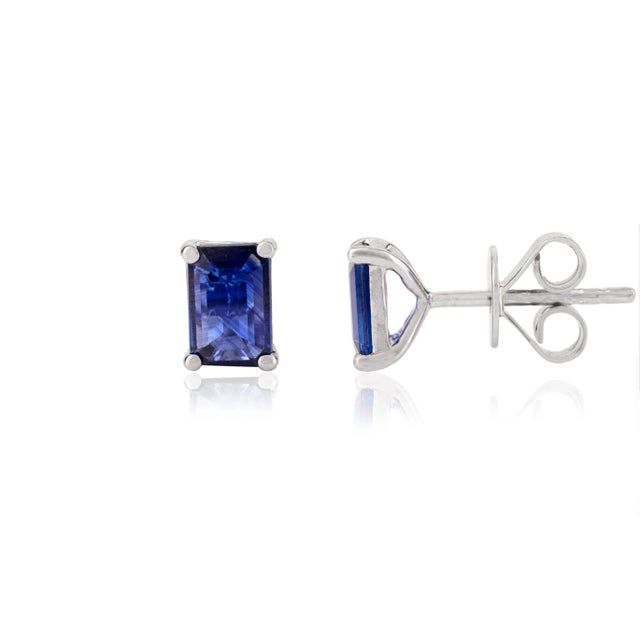 Minimalism 1.04ct Royal Blue Sapphire Solitaire 14k Gold Stud Earrings- 2 Pieces For Sale - Image 3 of 10