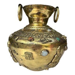 Vintage Brass Gemstone Encrusted Vase, Decor or Lamp Base Buddha Inset Jewels For Sale