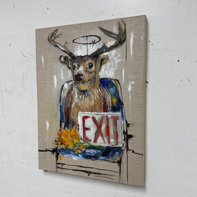 Design Plus Gallery presents a Pop Art Piece with Reindeer on Linen Weave Fabric signed Artist Jeanette. The reindeer is...