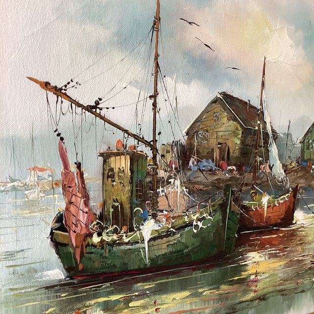 This original mid 20th century painting on canvas depicts a fishing harbor scene, signed by the artist and framed. The...