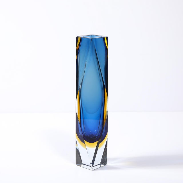 Mid-Century Mandruzzato Faceted Murano Glass Vase in Citrine and Smoked Cerulean For Sale - Image 9 of 18