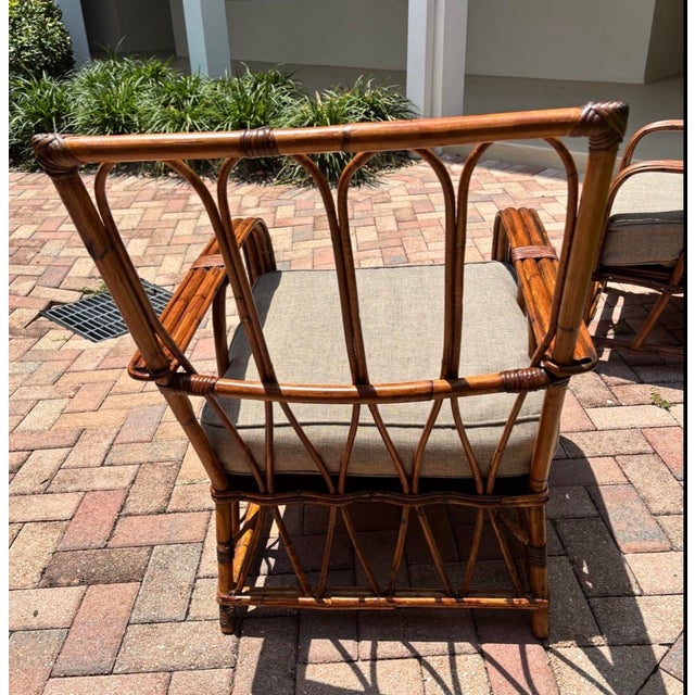 Heywood-Wakefield Restored Vintage “1949’er” Pair of Rattan Chairs. Stunning Restoration With Marine Quality Varnish Finish. Rattan President Stick Reed Construction. For Sale - Image 4 of 5