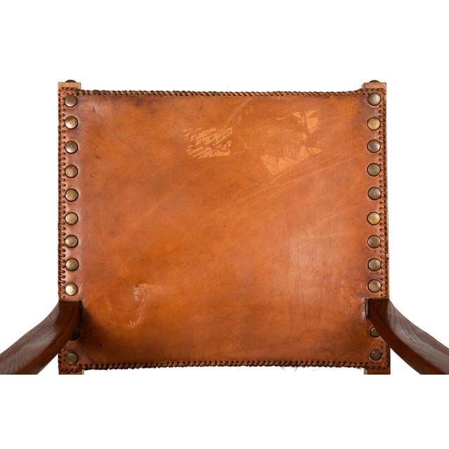 Set of Six French Oak and Stitched Leather Chairs For Sale - Image 9 of 12