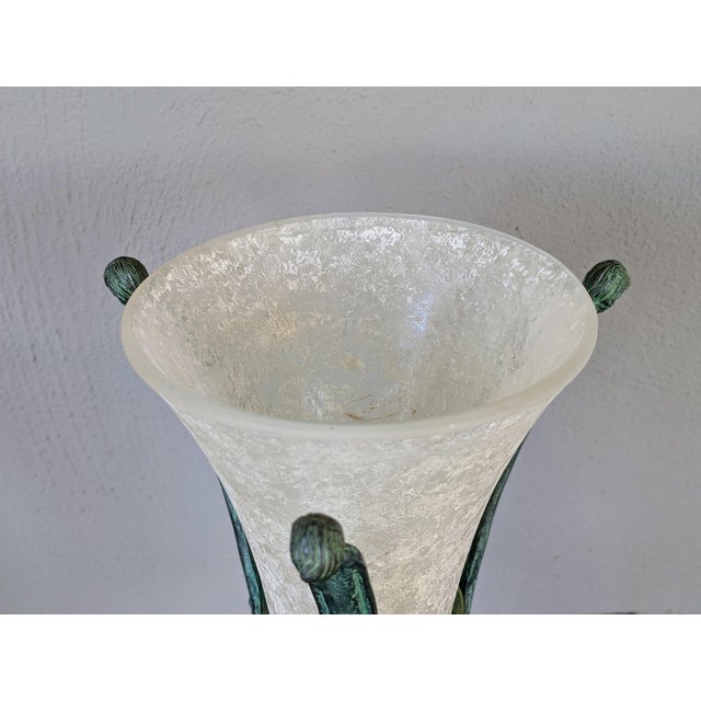 Italian Vintage Seguso Vetri D' Arte Murano Scavo Vase and Verdigris Bronze Stand For Sale - Image 3 of 5