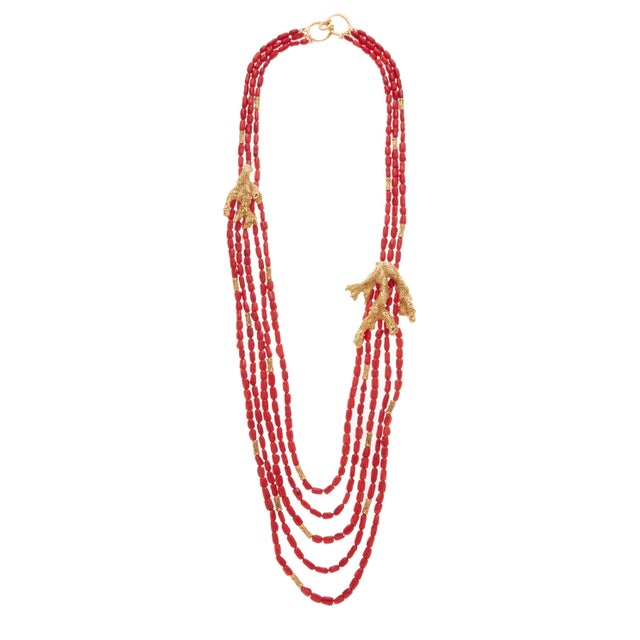 Red beaded long multi layer necklace with gold plated corals Measurements: 29"- 35" length