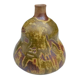 Vintage 5” Organic Studio Pottery Bottle Vase in Olive Drip Glaze For Sale