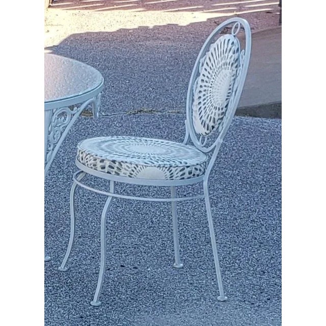 Mid-Century Modern Ornate Wrought Iron Patio Table With Frosted Glass Top & 4 Chairs For Sale - Image 3 of 13