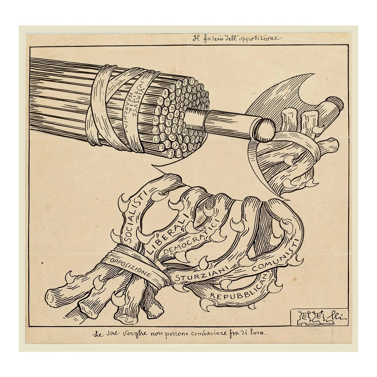 Opposition - Original China Ink Drawing by F. Scarpelli - Early 20th ...