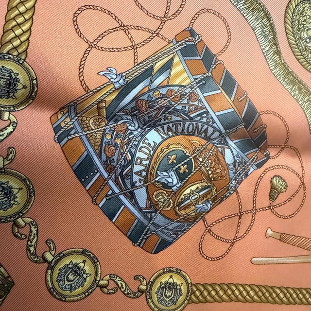 1990s 20th Century Classic Orange Silk Carrè Scarf "Les Tambours" by Hermes For Sale - Image 5 of 13