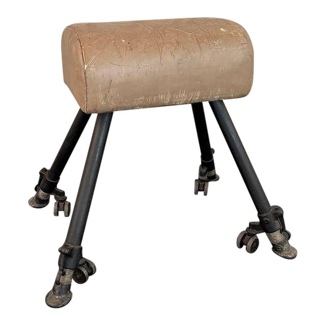 Antique Leather and Cast Iron Adjustable Gymnasium Pommel Horse For Sale