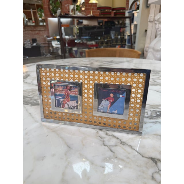 1970s Vintage Chrome & Cane Double Photo Frame For Sale - Image 5 of 7