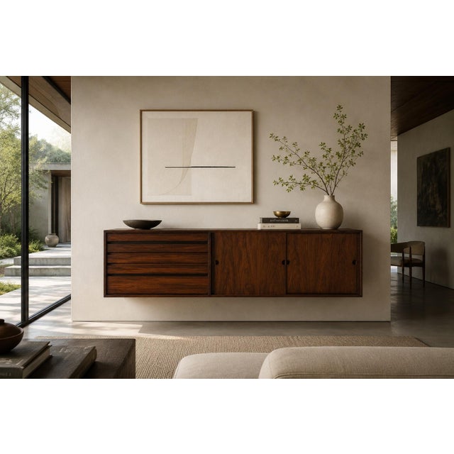 Rare Mid Century Modern floating cabinet / credenza crafted in richly grained rosewood veneer with an architectural,...